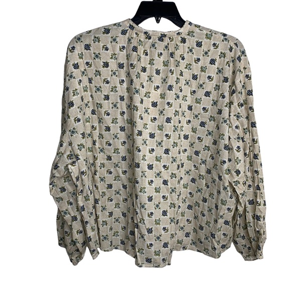 Universal Thread Womens Size XL Cream Floral Checkered Poet Blouse Half Button - Picture 2 of 11